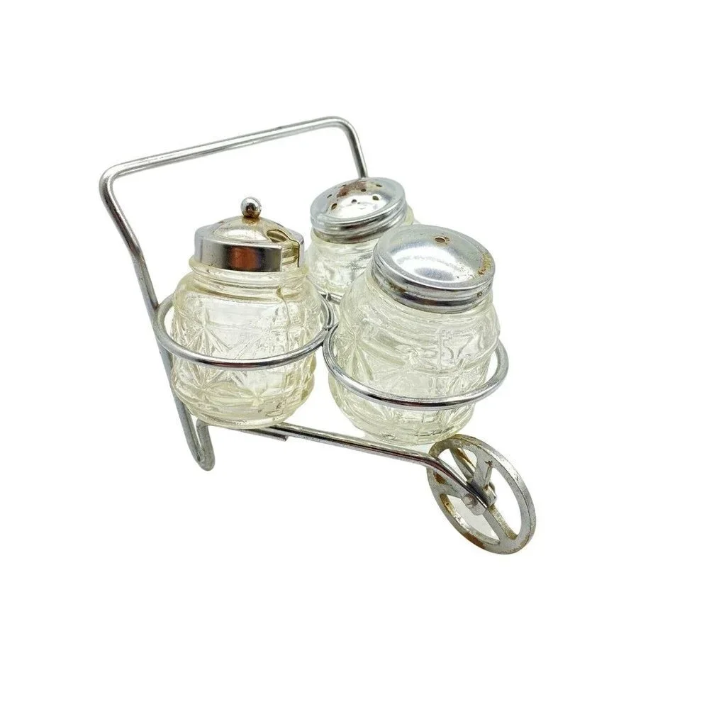 Vintage Glass Salt Pepper Mustard Condiment Set Wheelbarrow Caddy Metal‎ Holder